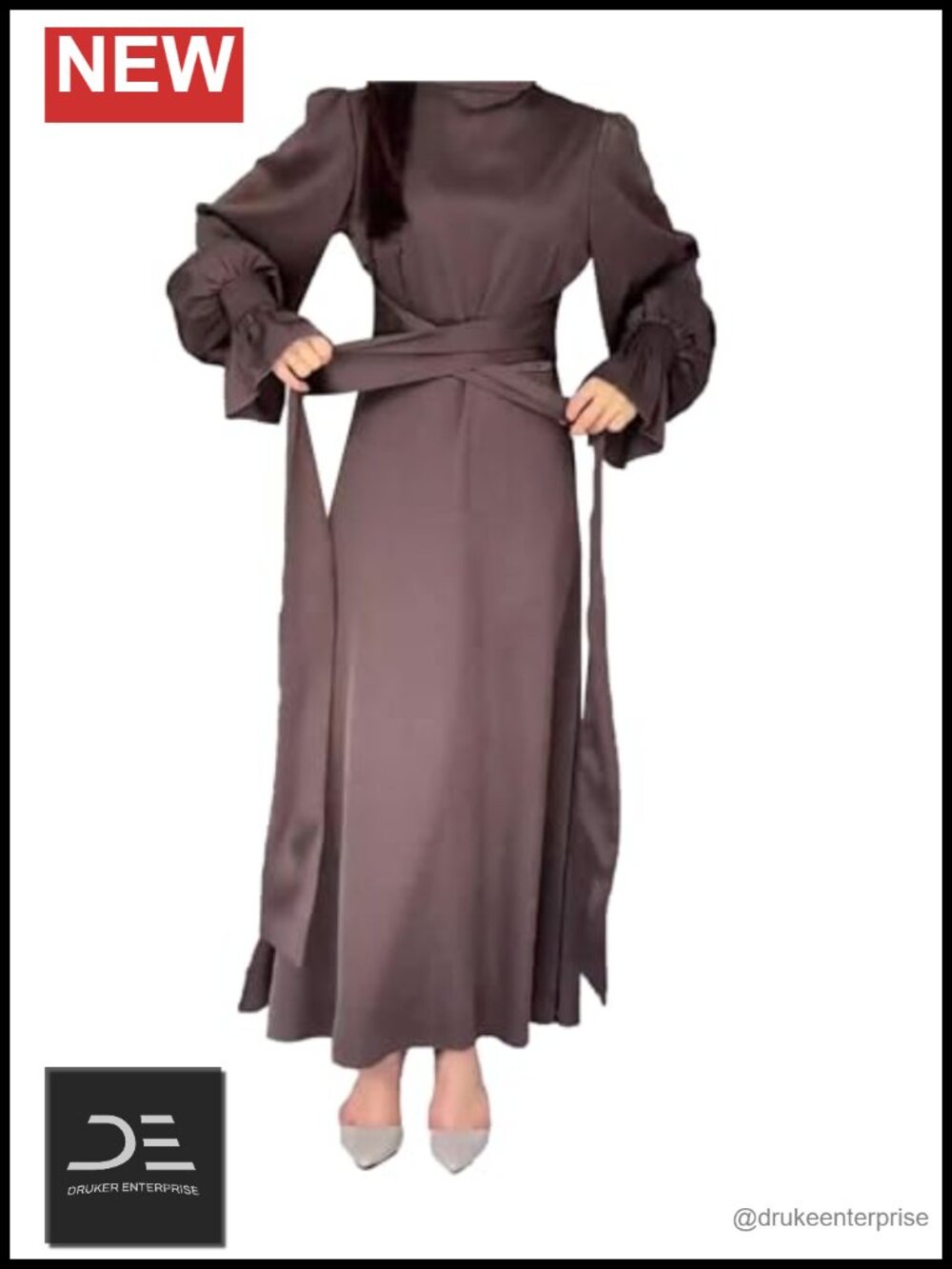 Women's Satin Maxi Dress Long Lantern Sleeve Mock Neck Tie Waist Cocktail